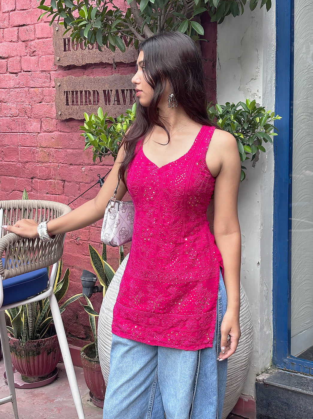 Rahima viscose short strappy featuring intricate Chikankari embroidery and a comfortable regular fit for everyday wear