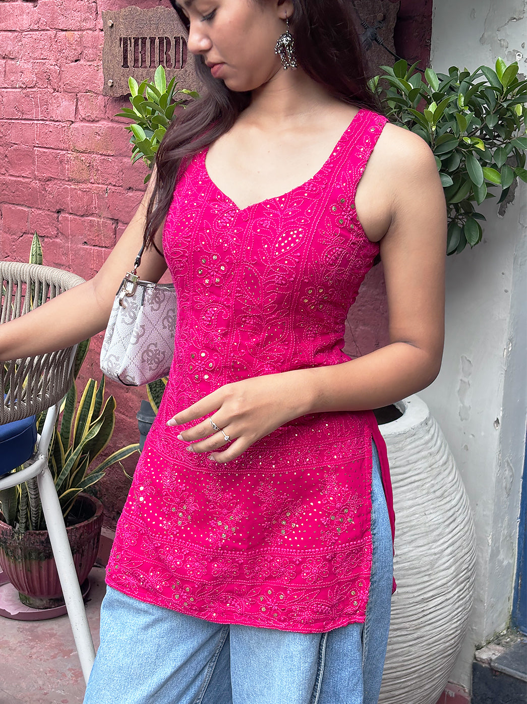 Women’s Rahima viscose short strappy with detailed Chikankari embroidery, sleeveless design, and modern casual styling