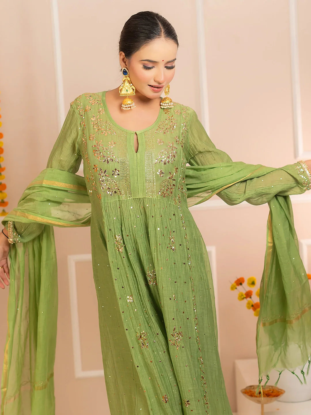 Rang-E-Tyohaar Mul Chanderi Chikankari Kurta Set - Green