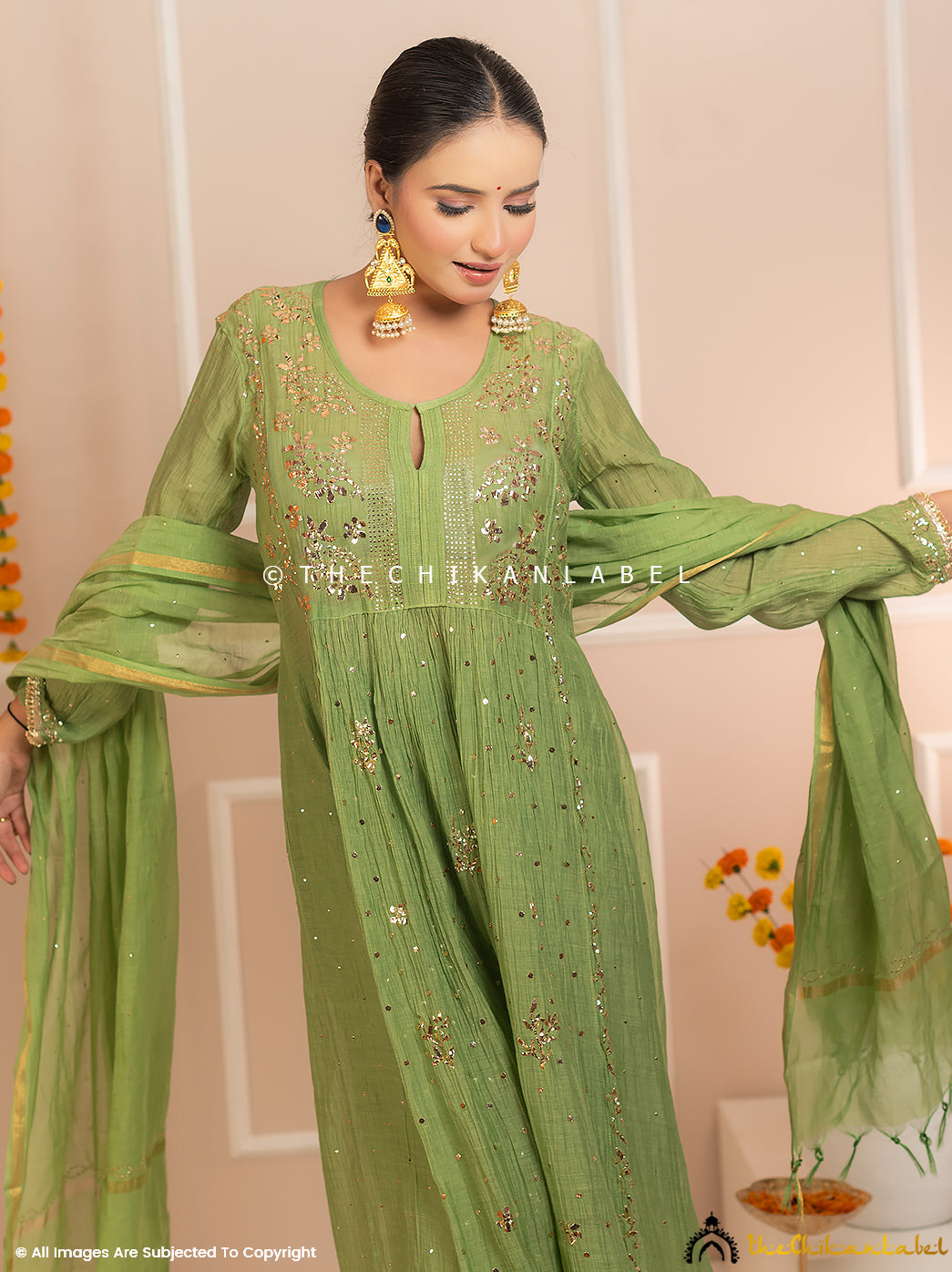 Rang-E-Tyohaar Green Mulmul Chanderi Chikankari Kurti Set