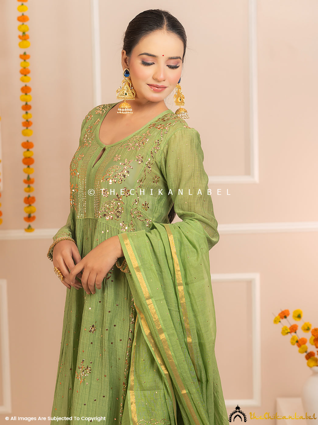 Rang-E-Tyohaar Green Mulmul Chanderi Chikankari Kurti Set