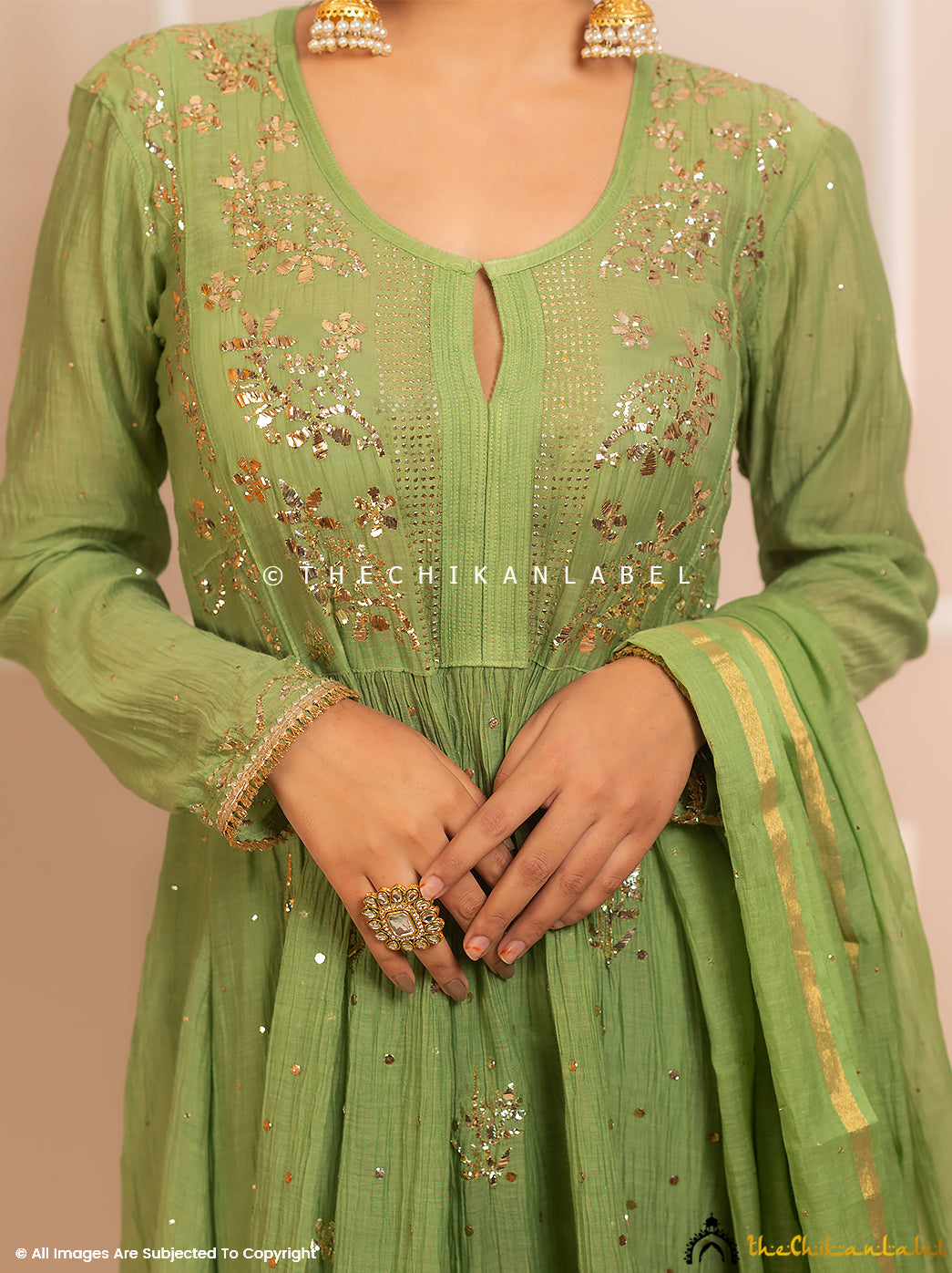 Rang-E-Tyohaar Green Mulmul Chanderi Chikankari Kurti Set