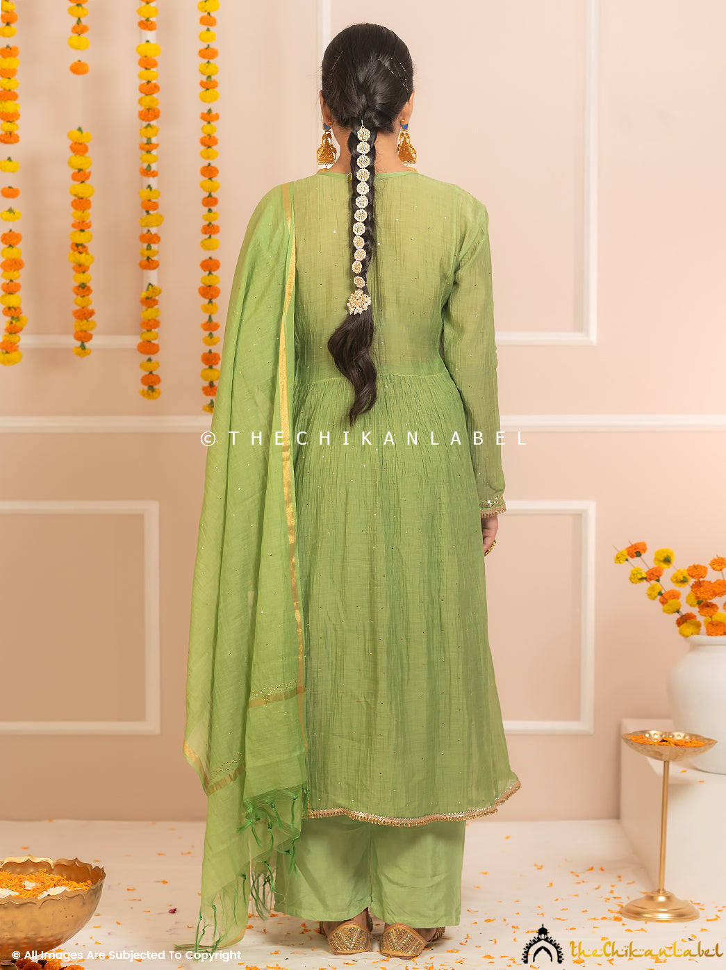 Rang-E-Tyohaar Green Mulmul Chanderi Chikankari Kurti Set