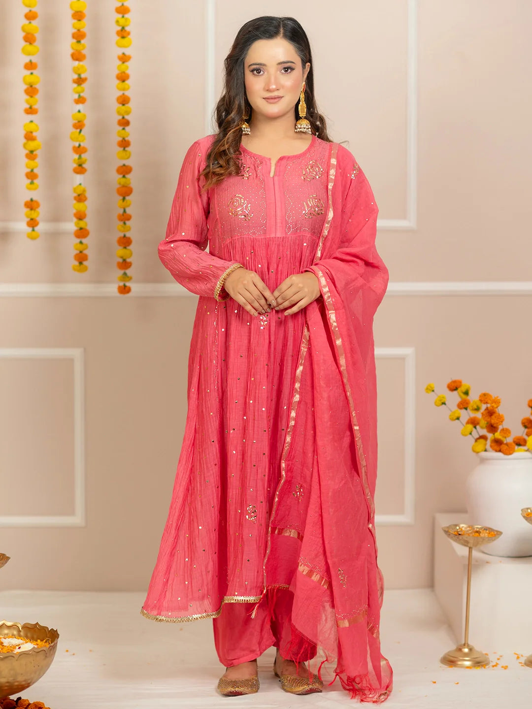 Rang-E-Tyohaar Mul Chanderi Chikankari Kurta Set - Peach