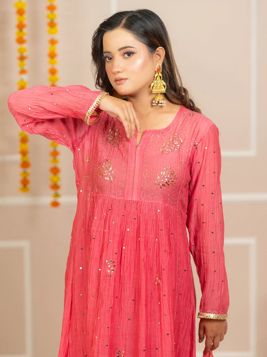 Rang-E-Tyohaar Mul Chanderi Chikankari Kurta Set - Peach