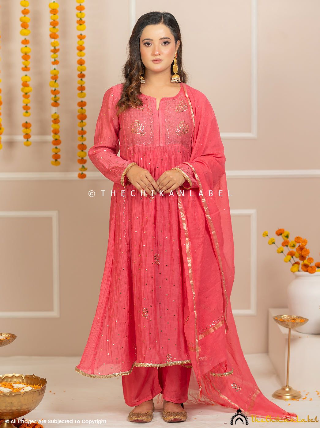 Rang-E-Tyohaar Peach Mulmul Chanderi Chikankari Kurti Set