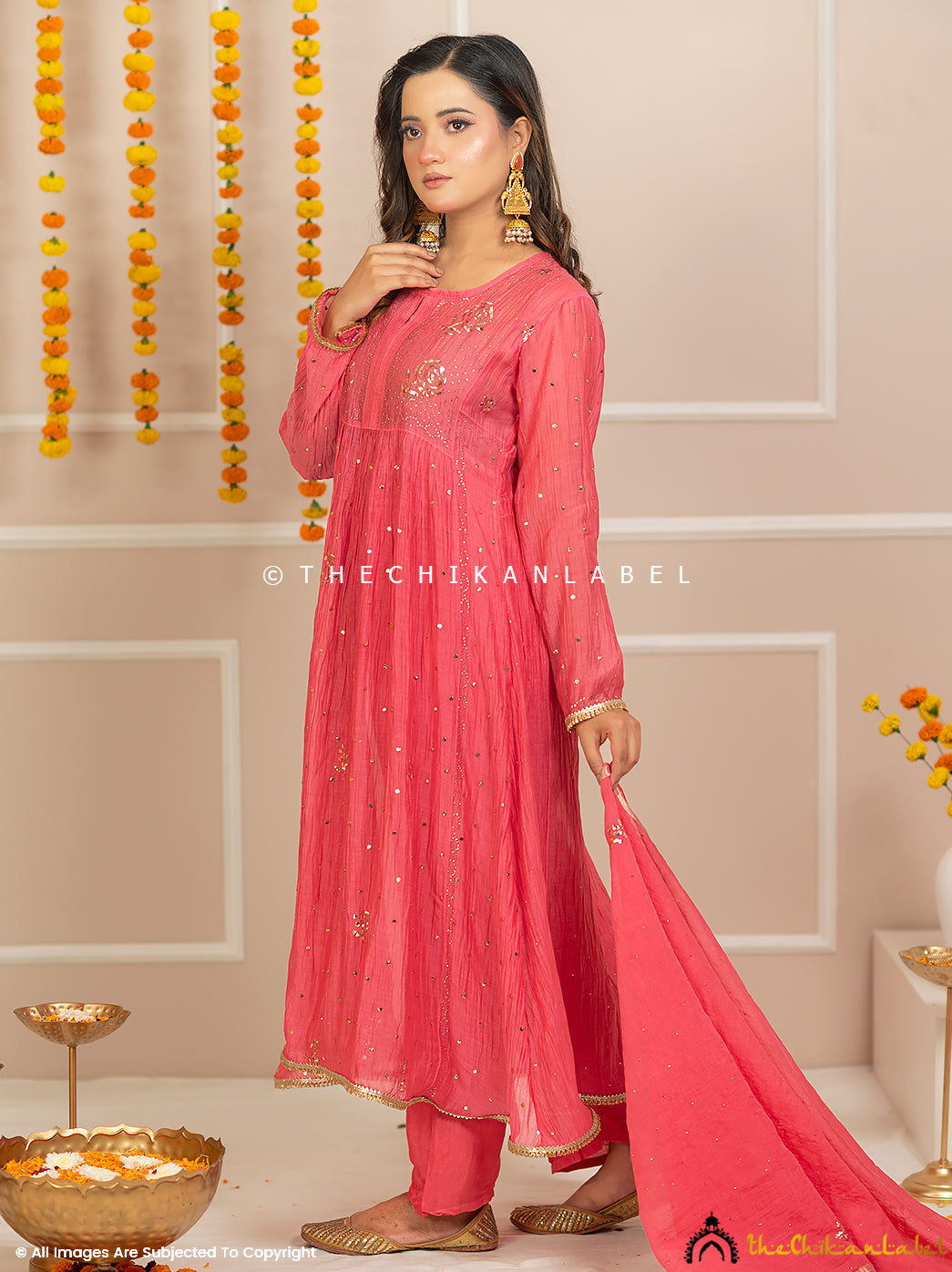 Rang-E-Tyohaar Peach Mulmul Chanderi Chikankari Kurti Set