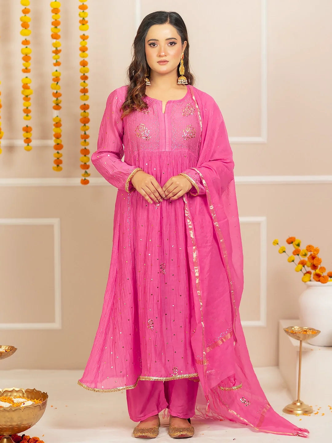 Rang-E-Tyohaar Mul Chanderi Chikankari Kurta Set - Pink
