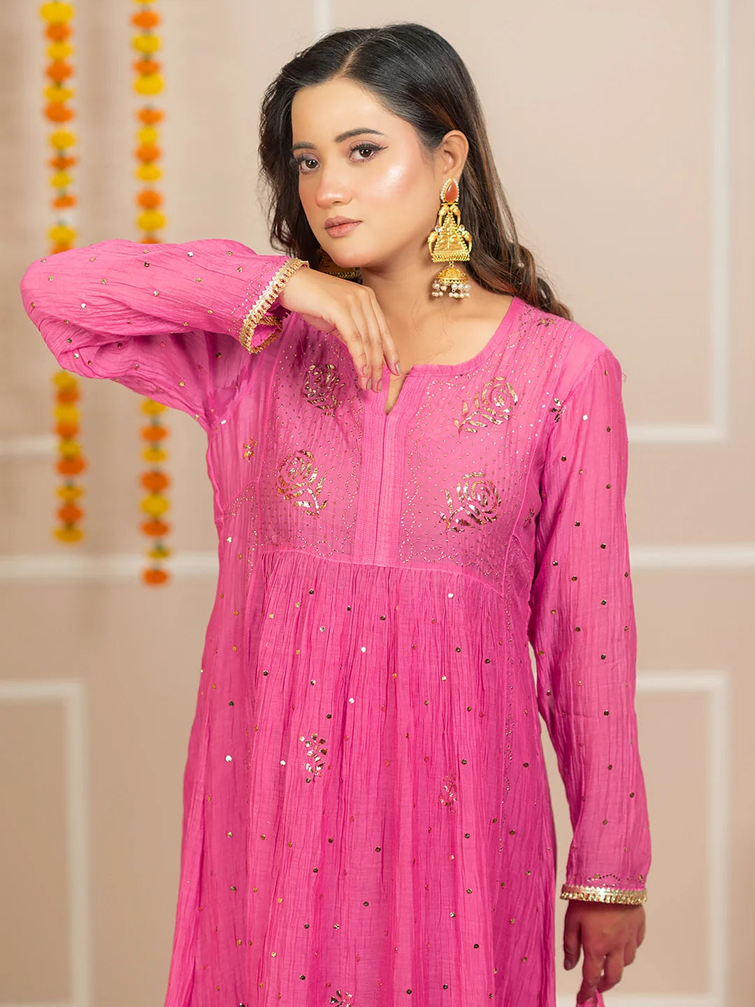 Rang-E-Tyohaar Mul Chanderi Chikankari Kurta Set - Pink