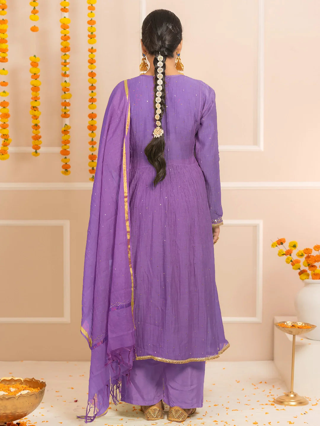 Rang-E-Tyohaar Mul Chanderi Chikankari Kurta Set - Purple