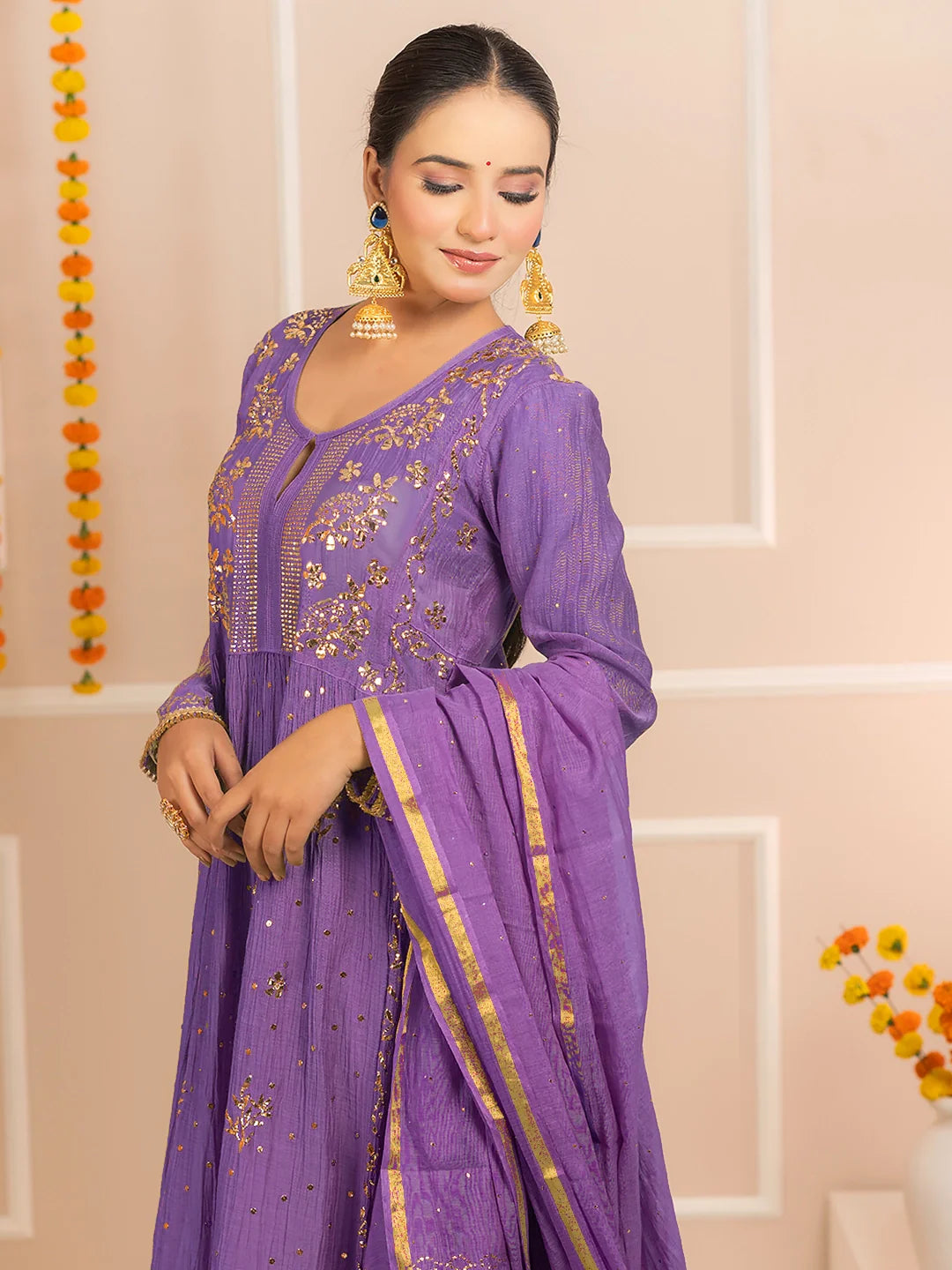 Rang-E-Tyohaar Mul Chanderi Chikankari Kurta Set - Purple