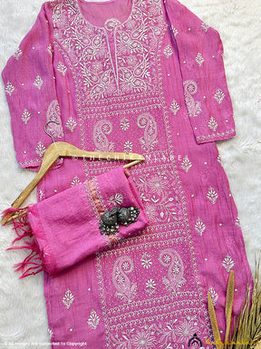 Magenta Gulaal Chanderi Mulmul Semi-Stitched Kurti Piece with Dupatta