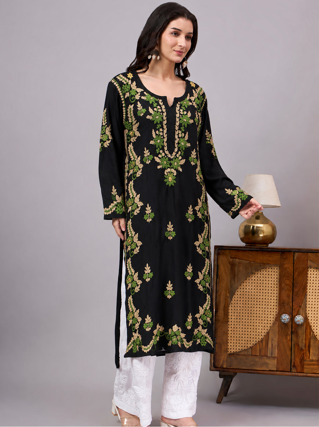 Rania Rayon Chikankari Straight Kurta - Beige