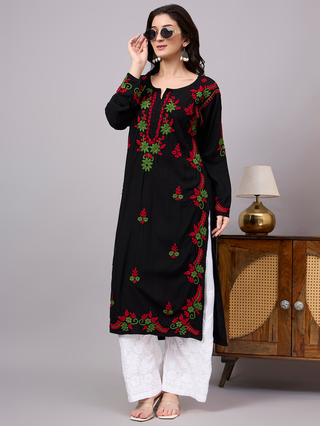 Stylish Rayon Straight Kurti with handcrafted Chikankari embroidery, comfortable regular fit, breathable fabric, and classic ethnic appeal for women seeking timeless fashion.