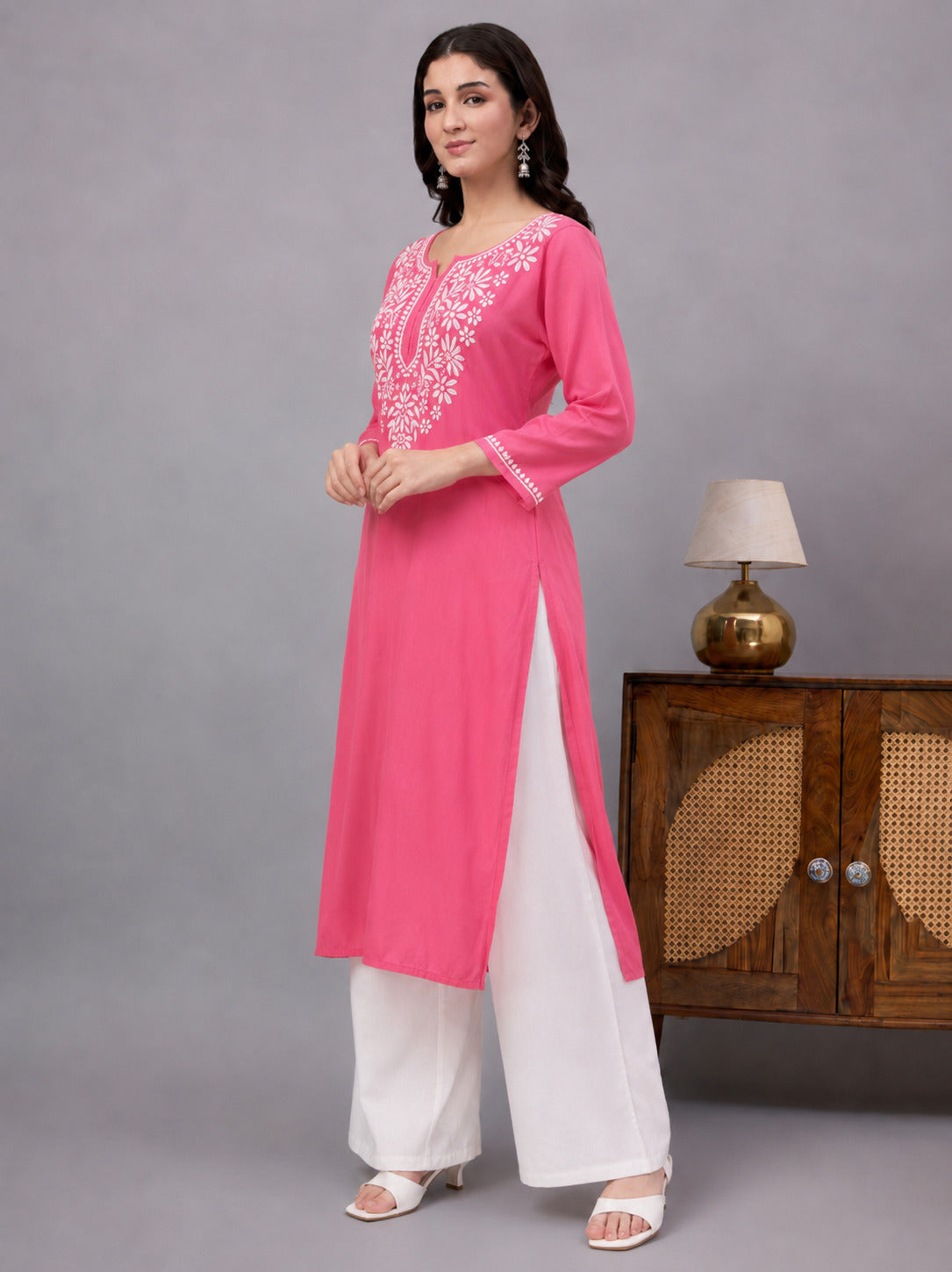 Ranya Rayon Straight Kurti designed with detailed floral Chikankari embroidery, full sleeves, and a graceful straight silhouette for elegant everyday dressing.