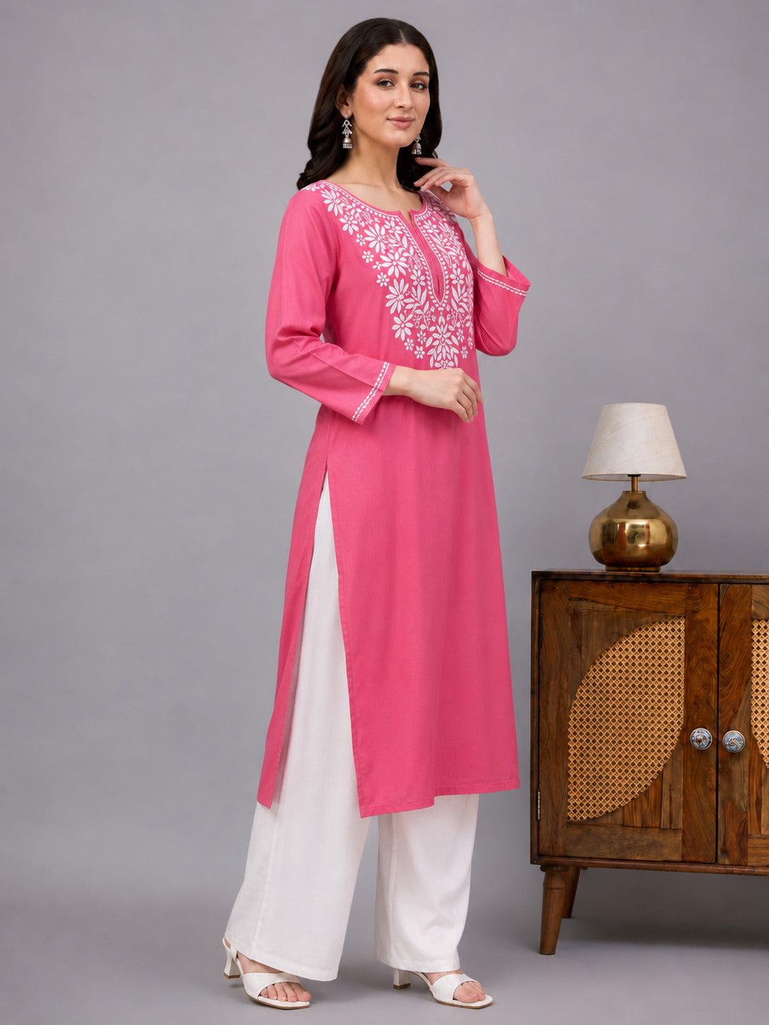 Trending kurti for women featuring premium rayon fabric and intricate Chikankari embroidery that blends traditional craftsmanship with contemporary everyday fashion.