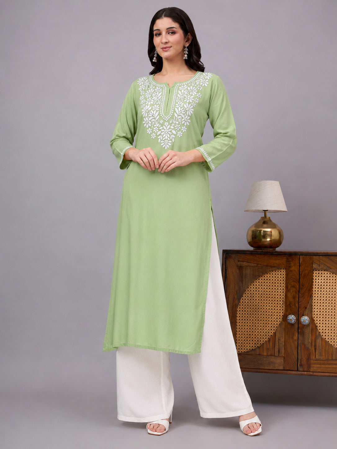 Trending kurti for women featuring premium rayon fabric and intricate Chikankari embroidery that blends traditional craftsmanship with contemporary everyday fashion.