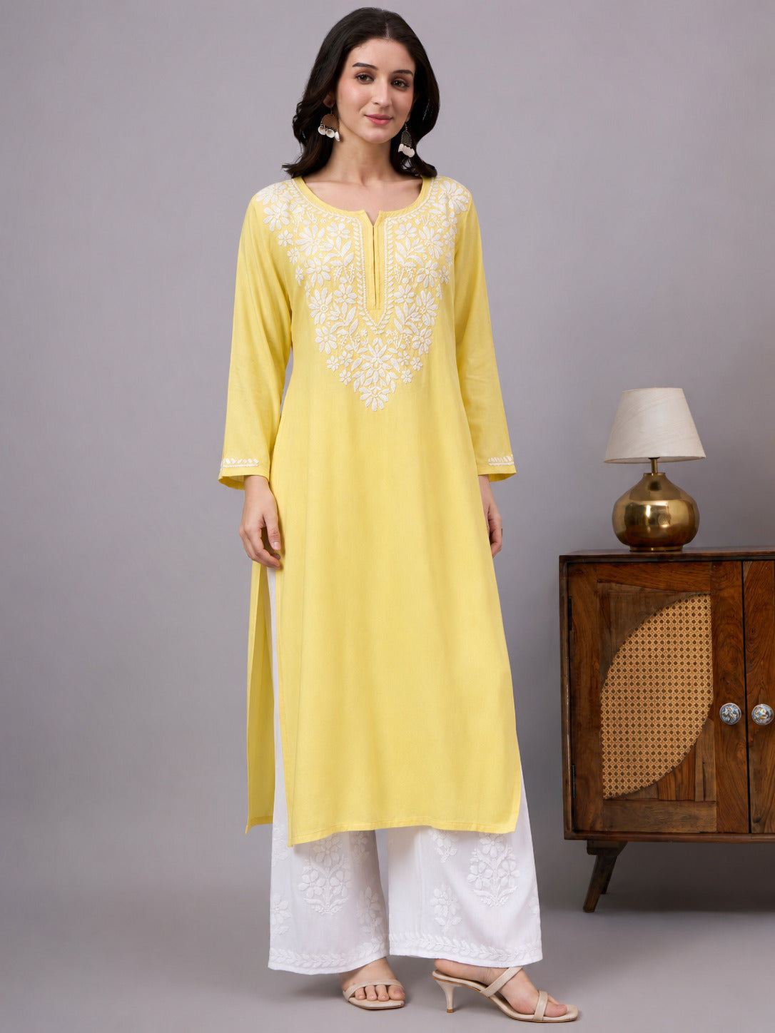 Women's Ranya Rayon Straight Kurti featuring elegant Lucknowi Chikankari embroidery with a flattering straight silhouette, perfect for office wear, casual outings, and everyday ethnic fashion.