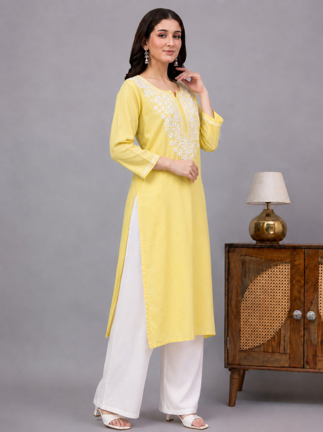 Women's straight-fit rayon kurti with authentic Lucknowi Chikankari embroidery, ideal for office wear, festive gatherings, daily wear, and modern ethnic wardrobes.