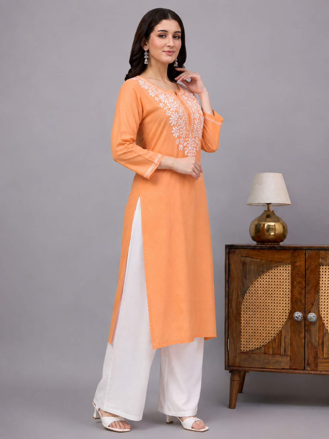 Rayon Chikankari Straight Kurti - Orange