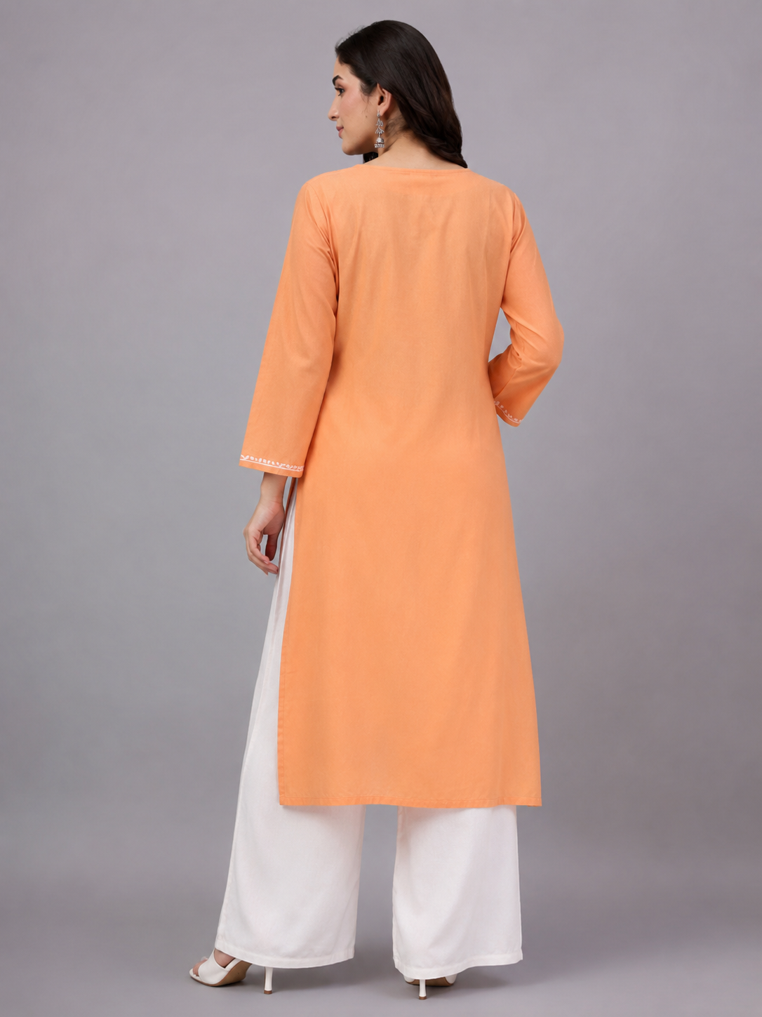 Rayon Chikankari Straight Kurti - Orange