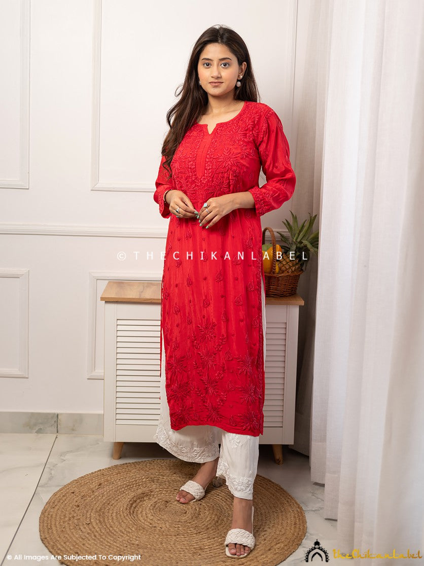 Red Bindiya Crepe Chikankari Straight Kurti