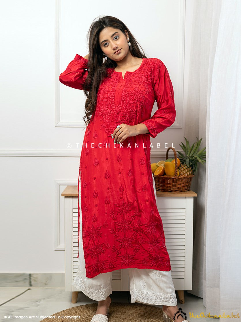 Red Bindiya Crepe Chikankari Straight Kurti