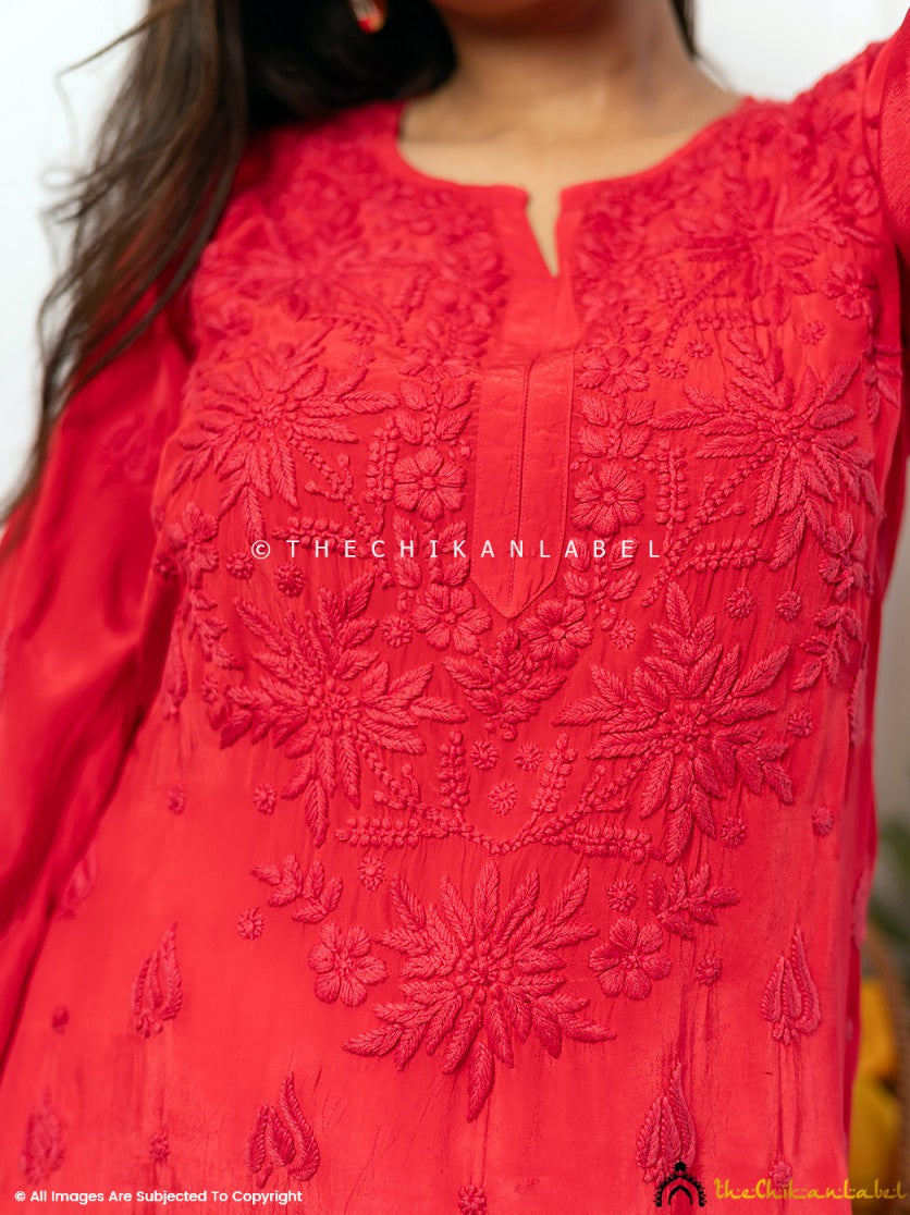 Red Bindiya Crepe Chikankari Straight Kurti