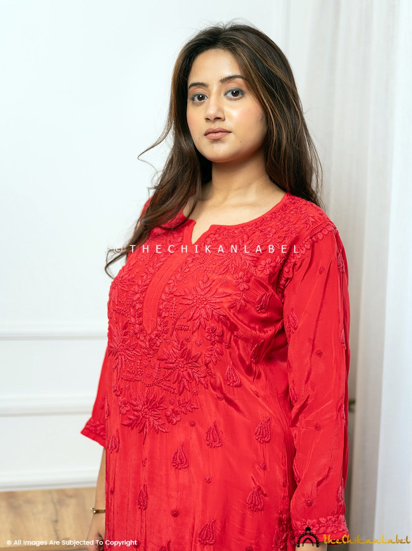 Red Bindiya Crepe Chikankari Straight Kurti