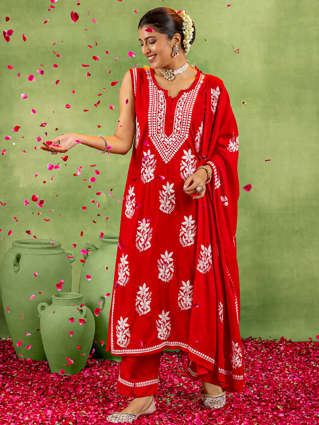 Ashvi Modal Chikankari Sleeveless Kurta Set with Dupatta - Red