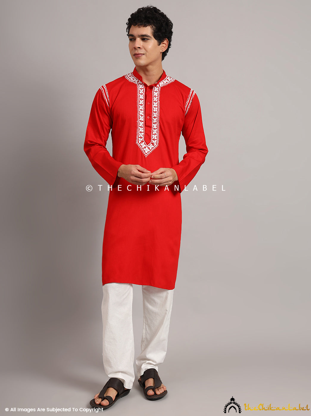 Red Uman Cotton Chikankari Men's Kurta