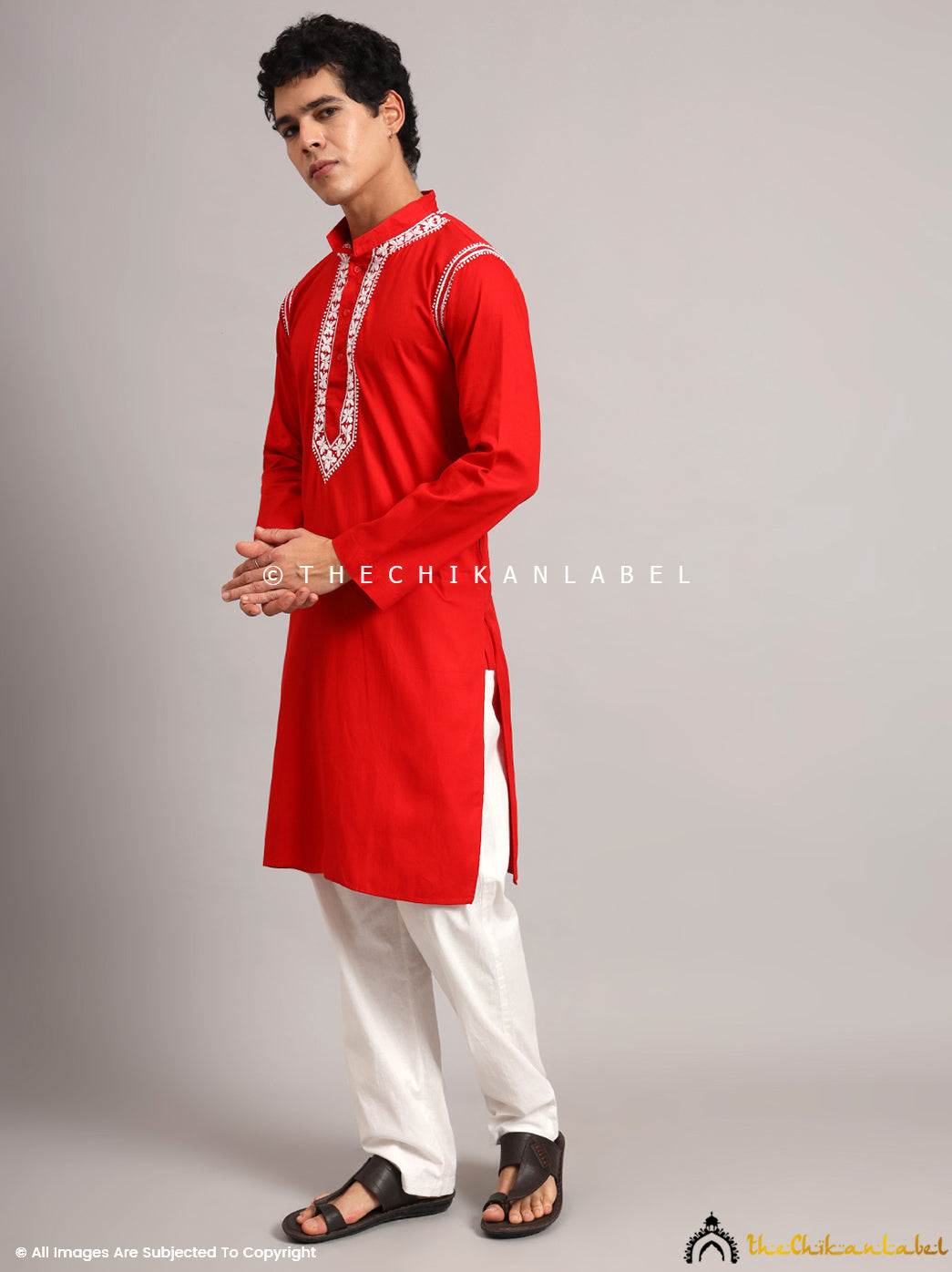 Red Uman Cotton Chikankari Men's Kurta