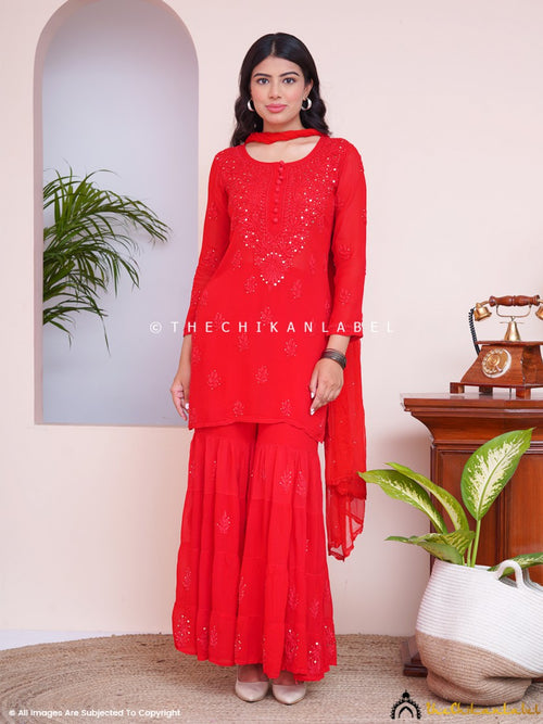Red Haya Viscose Chikankari Kurta Set