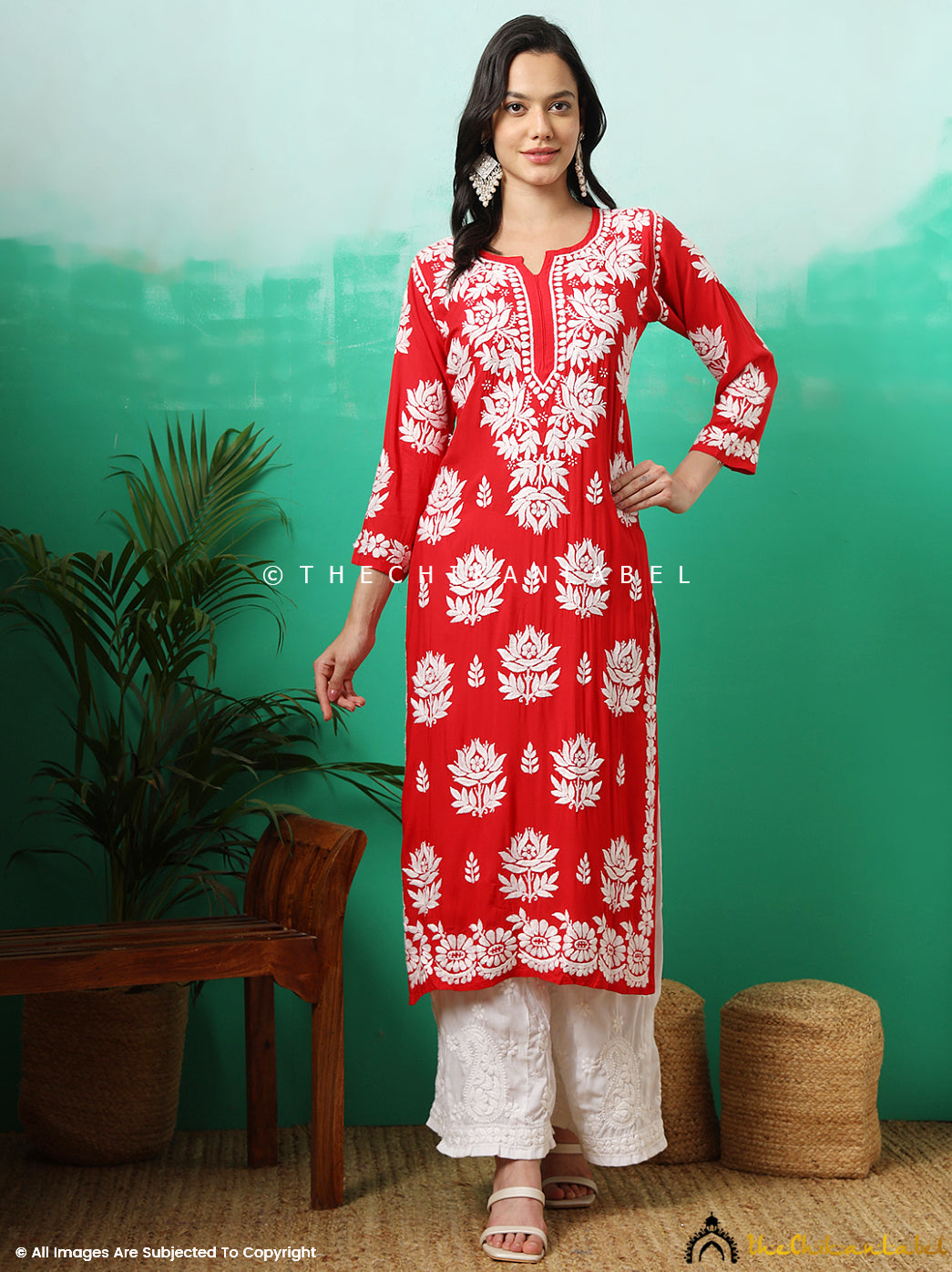 Red Tanvi Modal Chikankari Straight Kurti