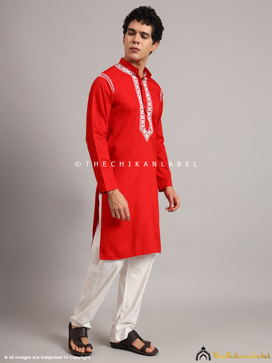 Red Uman Cotton Chikankari Men's Kurta