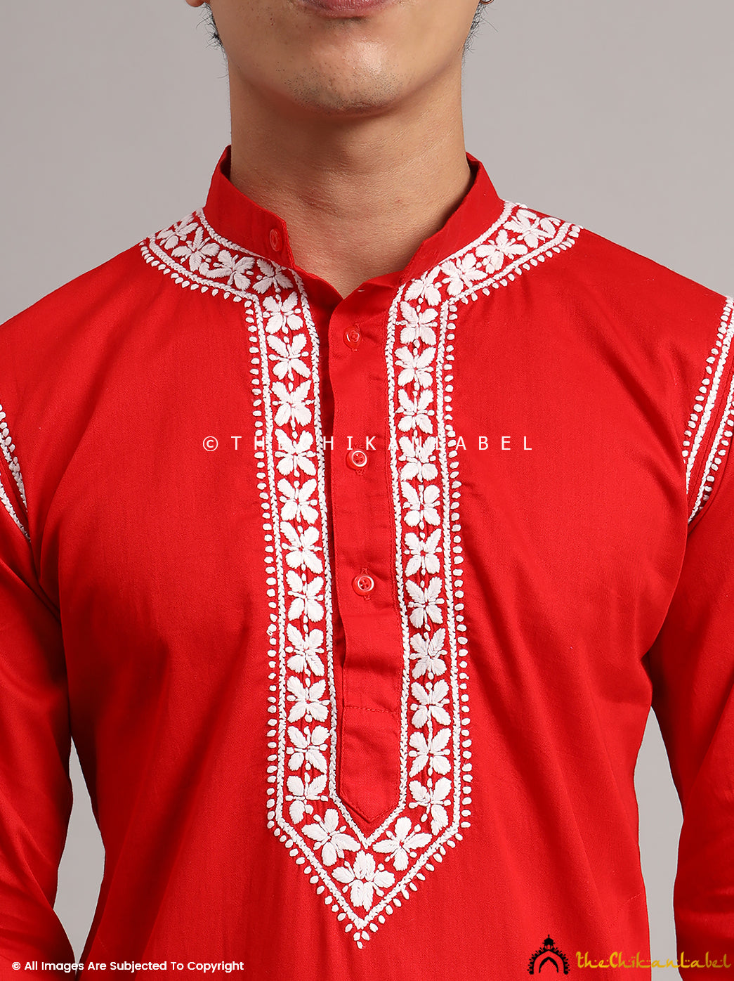 Red Uman Cotton Chikankari Men's Kurta