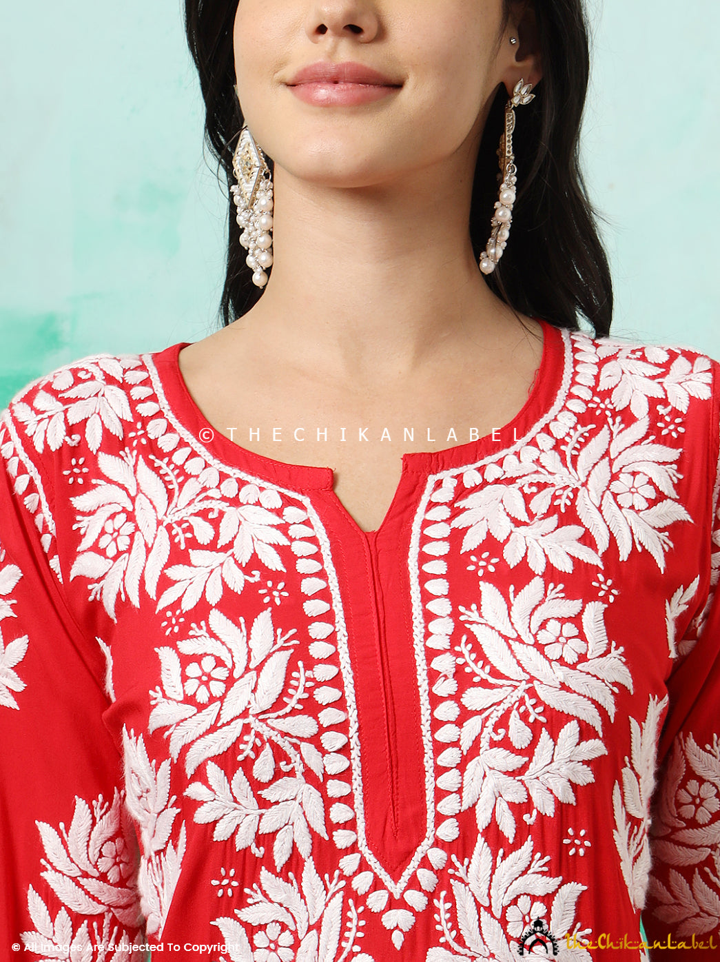 Red Tanvi Modal Chikankari Straight Kurti