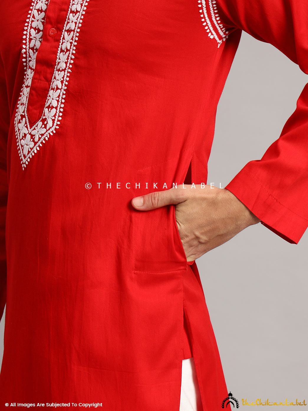 Red Uman Cotton Chikankari Men's Kurta