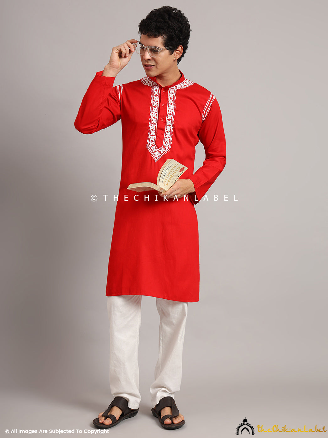 Red Uman Cotton Chikankari Men's Kurta