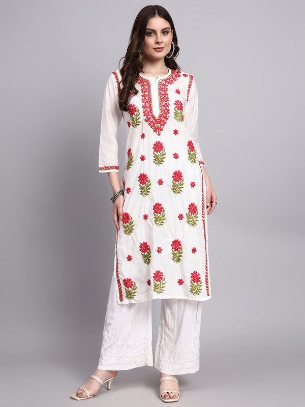 Handcrafted chikankari long kurta made from breathable Chanderi fabric with a flattering straight fit