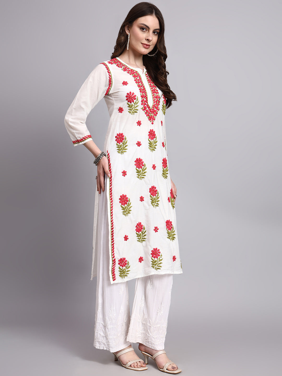 Straight-fit Chanderi long kurti with handcrafted chikankari work for elegant ethnic wardrobes