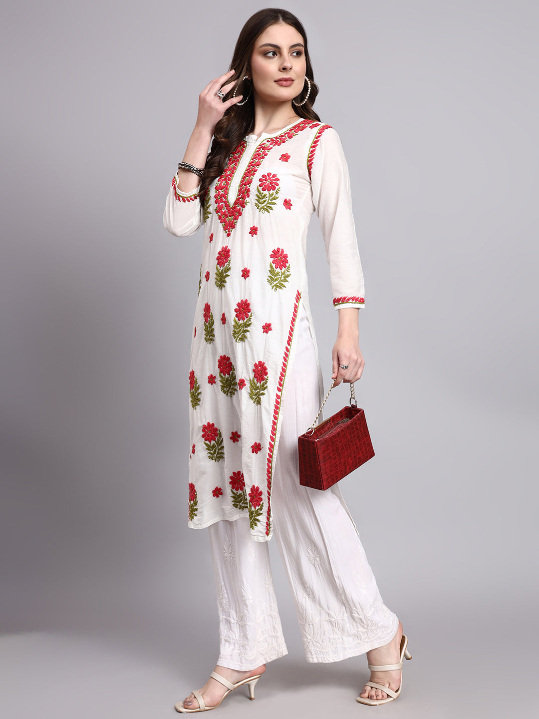 Handmade chikankari embroidered long kurta designed in Chanderi fabric for timeless ethnic fashion