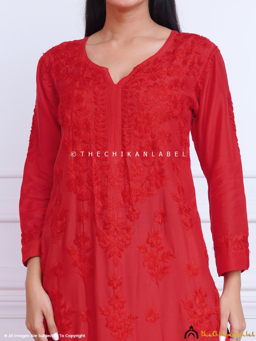 Red Chikankari Straight Kurti in Muslin Fabric for Women Online, Buy Lucknow Chikankari Kurti Online at best price. 2