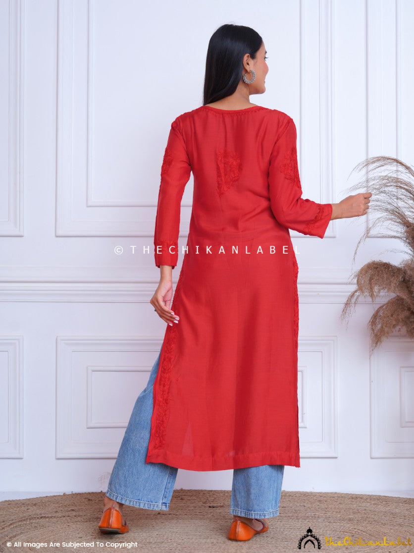 Red Chikankari Straight Kurti in Muslin Fabric for Women Online, Buy Lucknow Chikankari Kurti Online at best price. 3