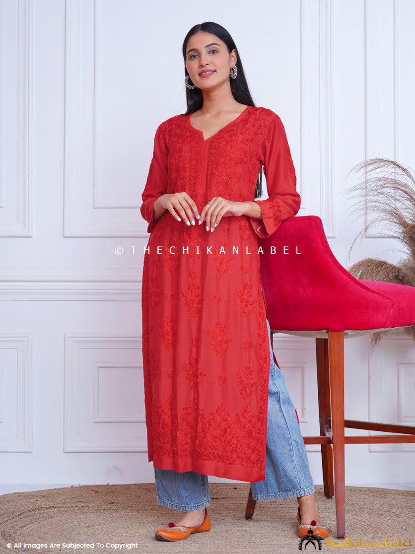 Red Aasma Muslin Chikankari Straight Kurti ,Chikankari Straight Kurti in Muslin Fabric For Woman