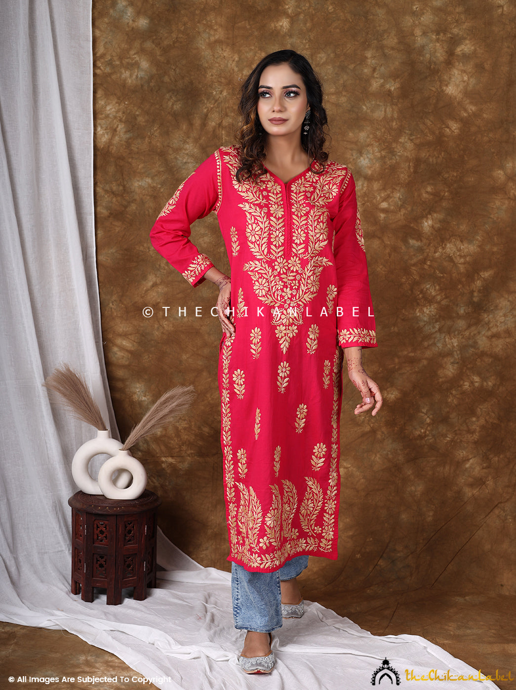 Red Cotton Chikankari Straight Kurti