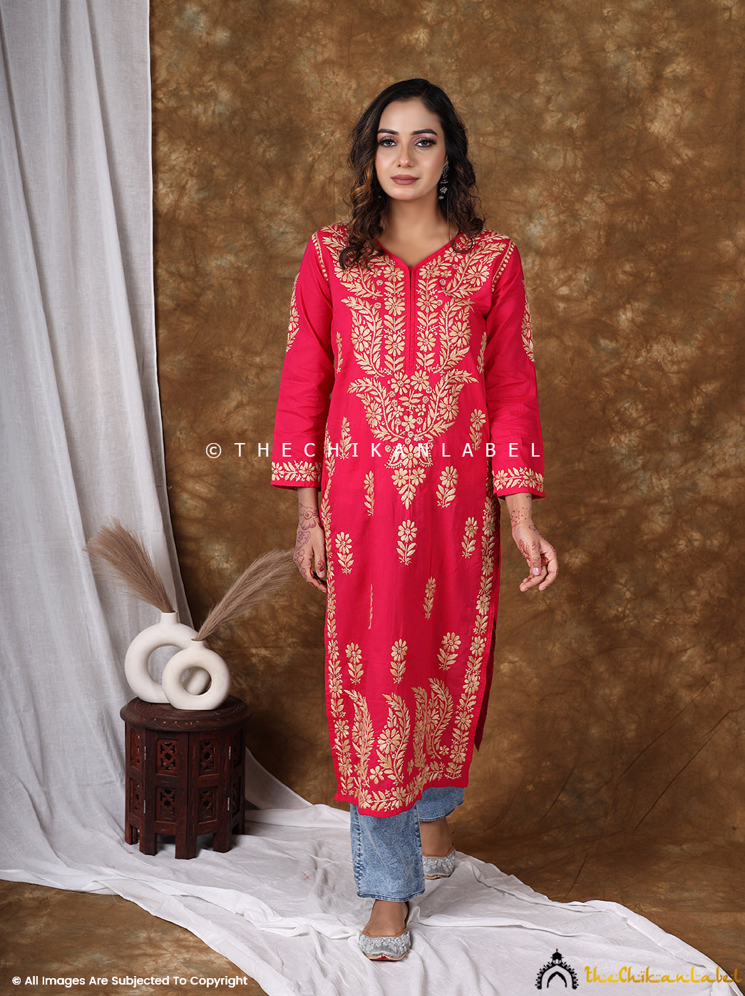 Red Cotton Chikankari Straight Kurti