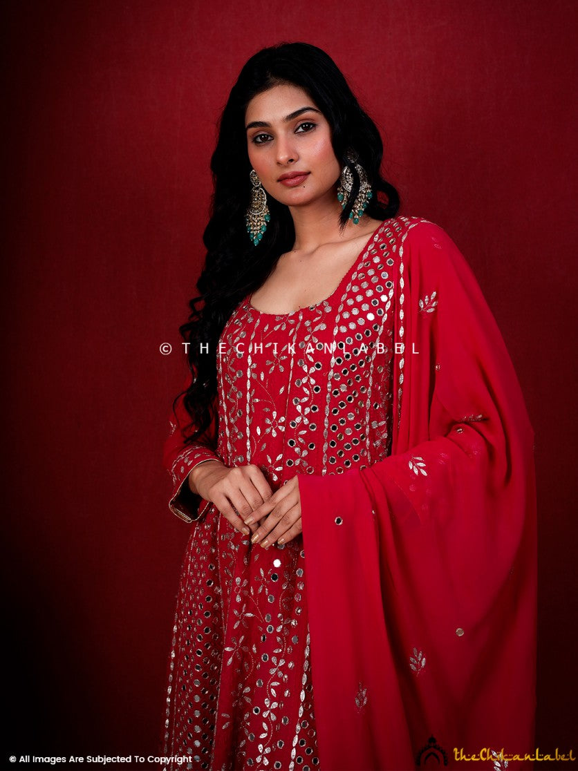 Red Sufiya Viscose Chikankari Anarkali , Chikankari Anarkali in Viscose Fabric For Woman