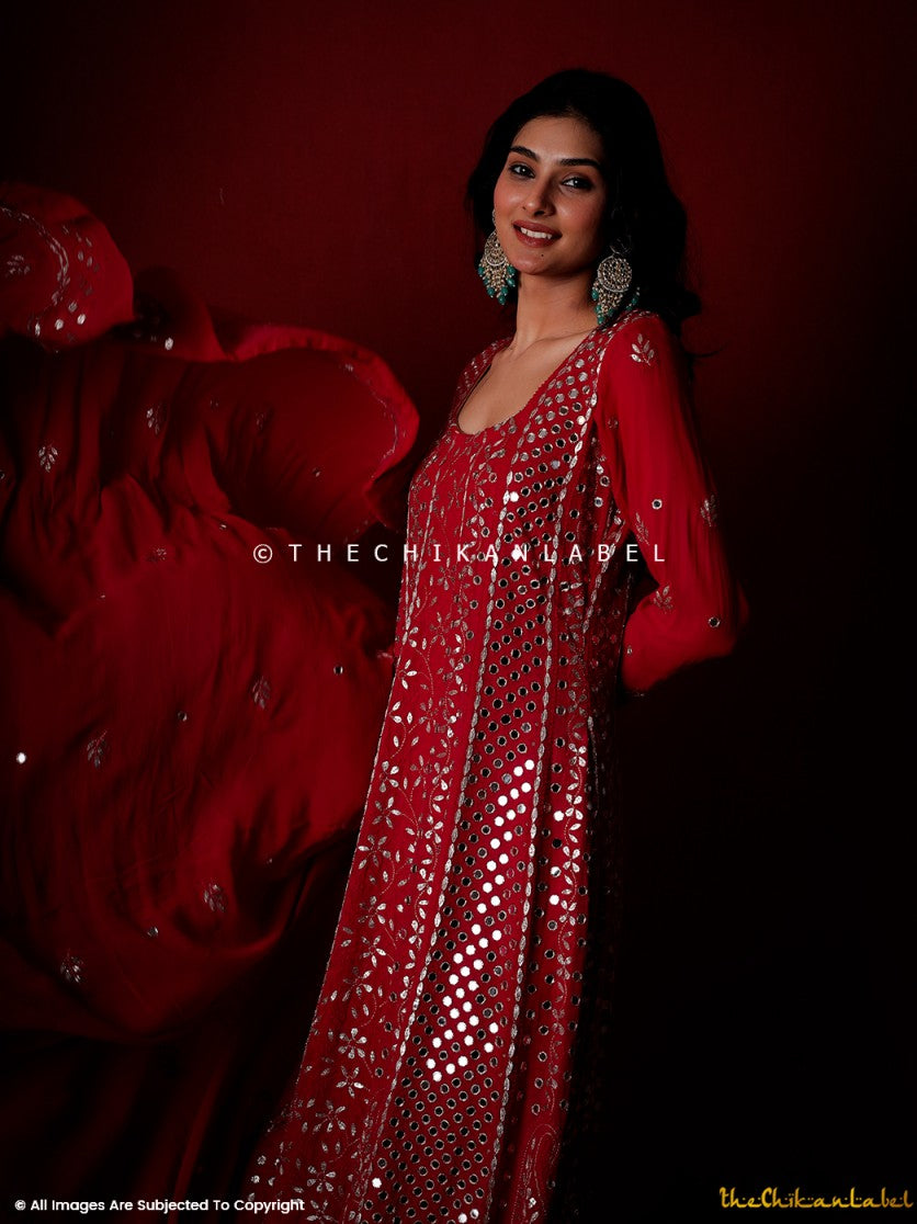 Red Sufiya Viscose Chikankari Anarkali , Chikankari Anarkali in Viscose Fabric For Woman