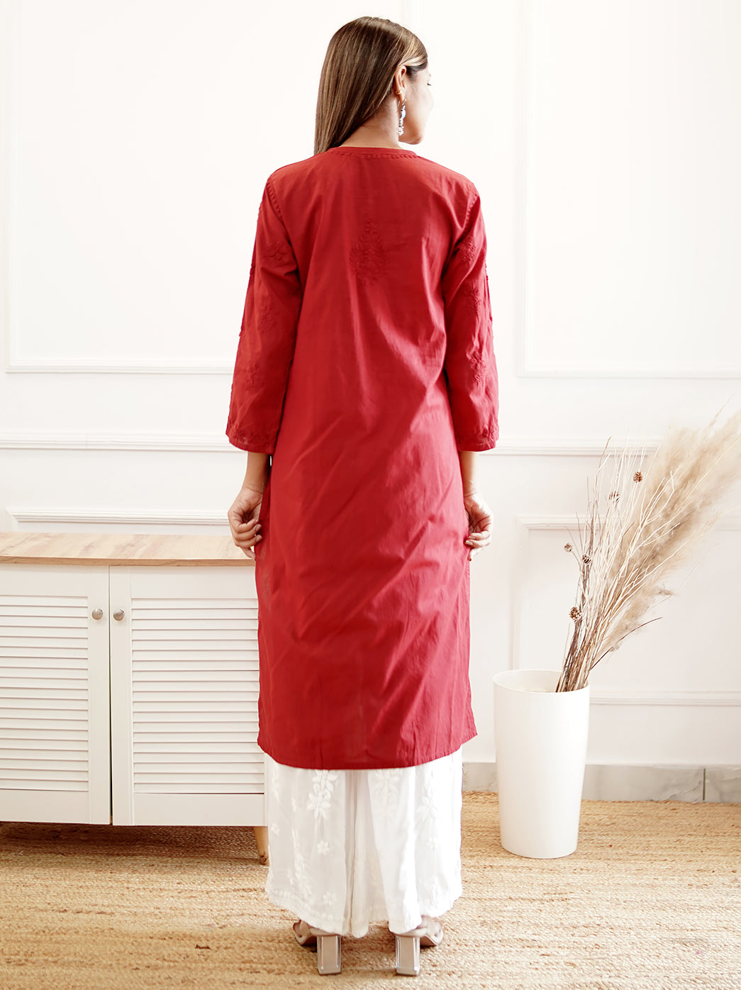 Red Cotton Chikankari Straight Kurti